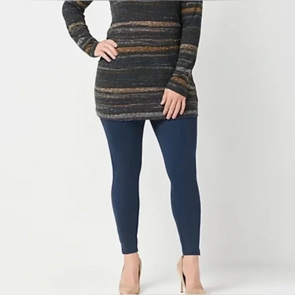 Spanx Ankle Length Ponte Hem Slit Leggings Size Large Navy Slimming - Picture 1 of 9